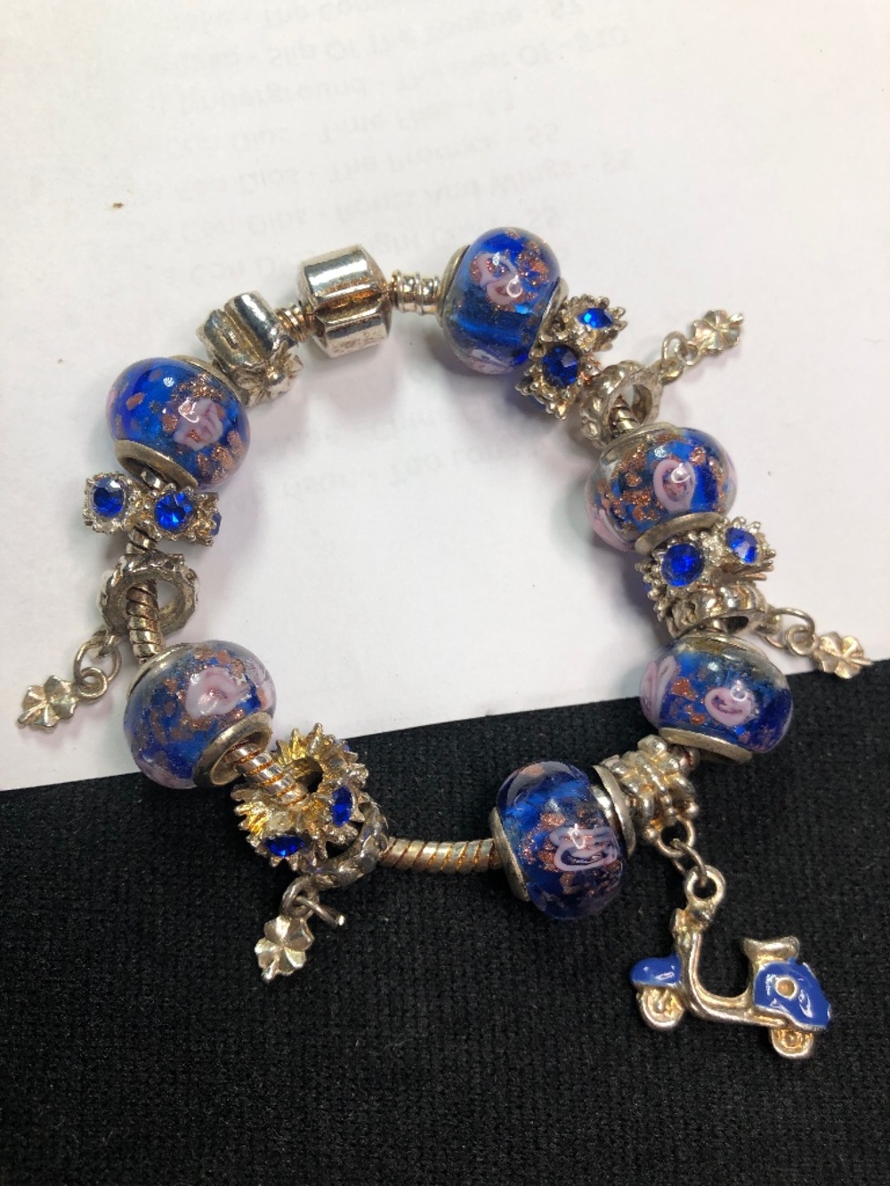 Slide charm bracelet blue art glass bead scooter rhinestone